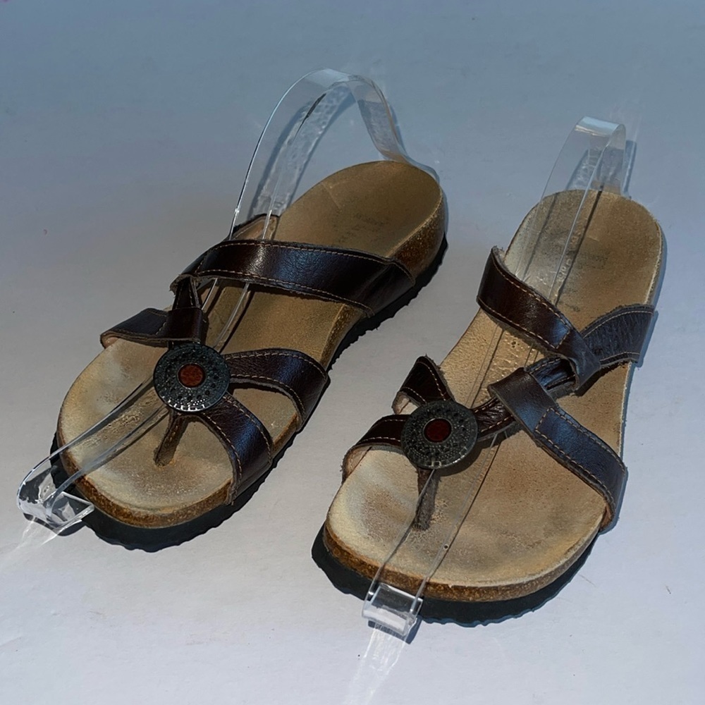 Think! Julia Brown Leather And Cork Cross Strap Sandals